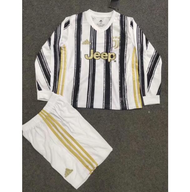 Kids Juventus Long Sleeve Home Soccer Kits Shirt With Shorts 2020/21